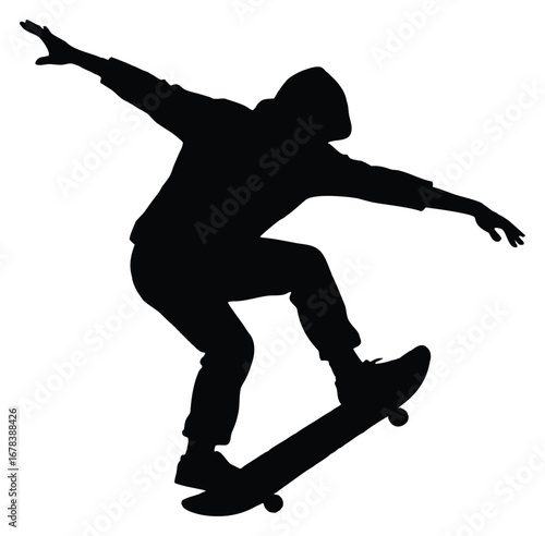 Silhouette of skateboarder in mid air performing a trick on white background
