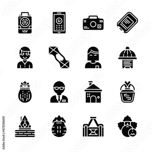 A collection of sixteen black glyph icons featuring various objects, people, technology, and cultural items on a white background.