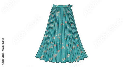 Elegant turquoise floral pleated skirt with a belt, fashion-forward apparel for spring or summer, suitable for various occasions and style preferences