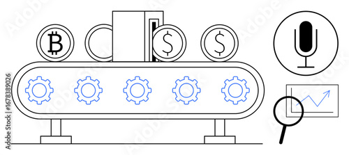Bitcoin and dollar coins processed on conveyor belt with gears, magnifying glass analyzing graph, microphone input. Ideal for fintech, production, automation, analysis, cryptocurrency, business