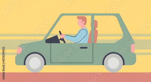 A male driver navigating his car on the road, a colorful flat design illustration symbolizing a swift journey and personal transport