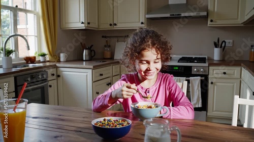 Young girl enjoys colorful cereal for breakfast in cozy kitchen setting