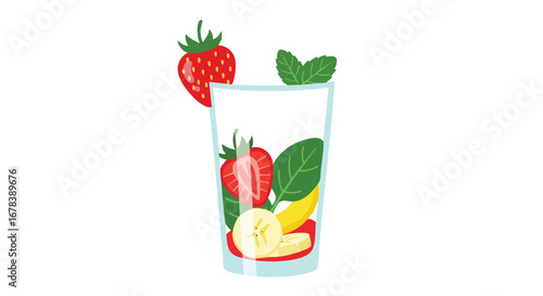 Refreshing Fruit Smoothie Illustration in a Glass with Strawberries and Mint Leaves, Perfect for Healthy Lifestyle Content