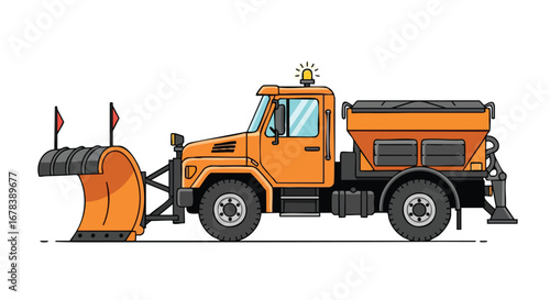 Vibrant cartoon illustration showcasing a detailed snowplow truck ready for winter maintenance tasks and cold weather conditions in urban environments