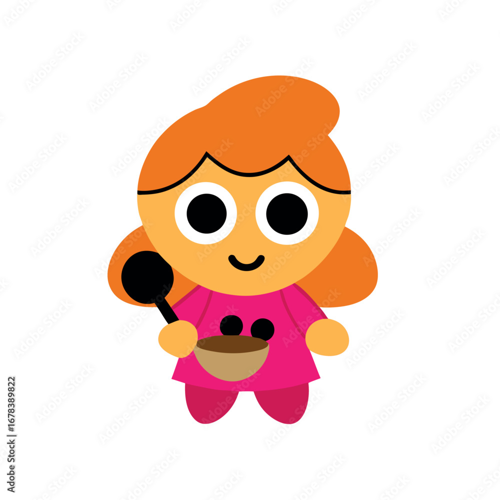 Obraz premium Cartoon girl baking cookies with cheerful expression in cute vector style Vector illustration