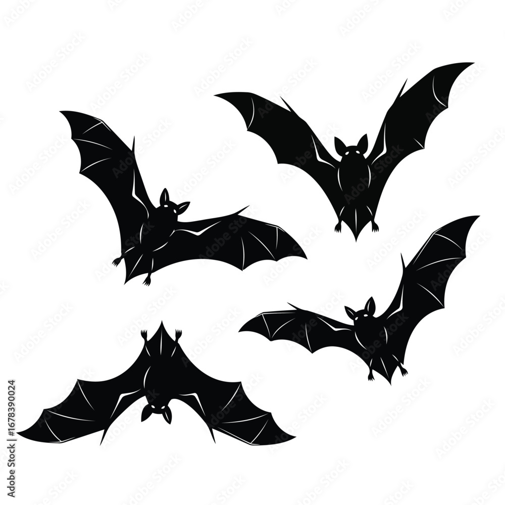 Naklejka premium Four black silhouette bats flying in different positions against a white background.