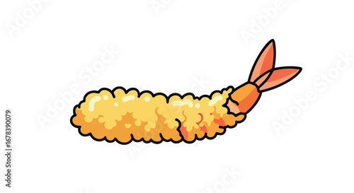 Delightful tempura shrimp illustration showcasing the golden crispy batter and vibrant orange tail on a clean white background