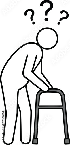 Elderly person with walker question marks confusion