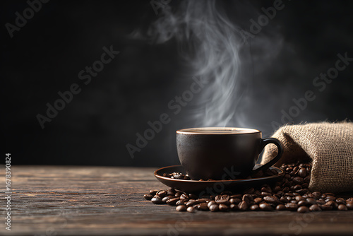 Freshly brewed coffee with whole beans on a wooden table.