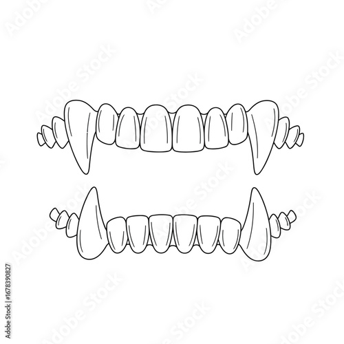 A black and white line drawing of a set of vampire fangs and teeth.