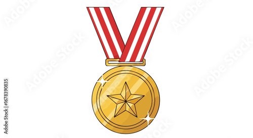 Illustration of a symbolic shiny golden medal with a star and striped ribbon representing achievement and recognition