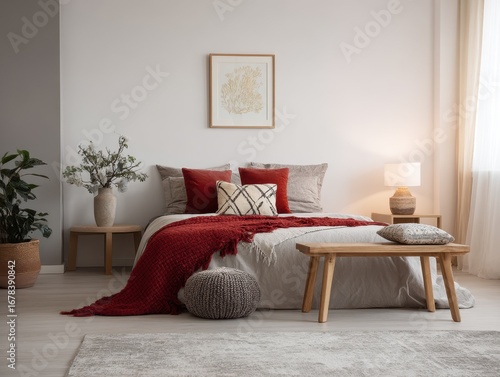 A stylish bedroom with a cozy bed draped in a rich maroon blanket, accented by neutral tones and natural light.