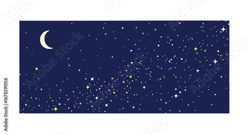 Whimsical celestial backdrop with crescent moon and glittering stardust field for storybook illustrations or dreamy designs