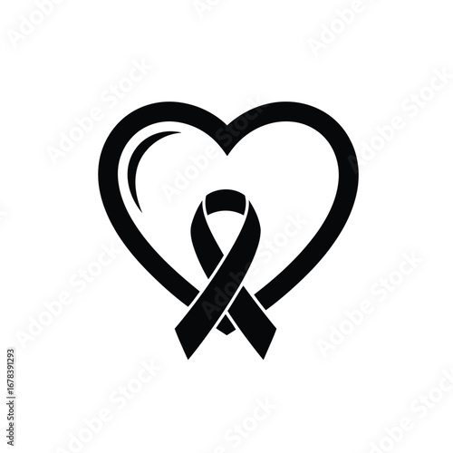 A black awareness ribbon inside a heart outline, symbolizing love, support, mourning, and solidarity.