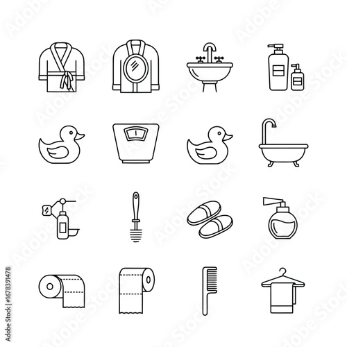 Collection of bathroom related line art icons, including robe, sink, soap, duck, scale, and more.