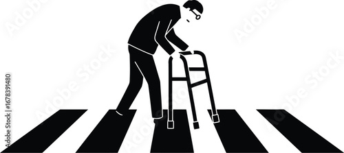 Elderly man crossing street with walker