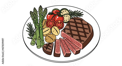 Delicious grilled steak with fresh vegetables and baked potatoes on a plate healthy meal option for dietary concept culinary dish presentation and
