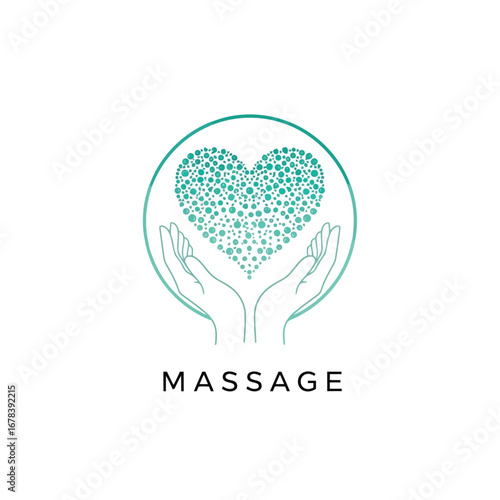 Elegant massage therapy logo with hands holding a heart made of interconnected dots, symbolizing care and wellness.
