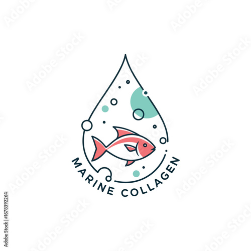 A stylized illustration of a fish swimming inside a water droplet, with the text "MARINE COLLAGEN" curved around the bottom.