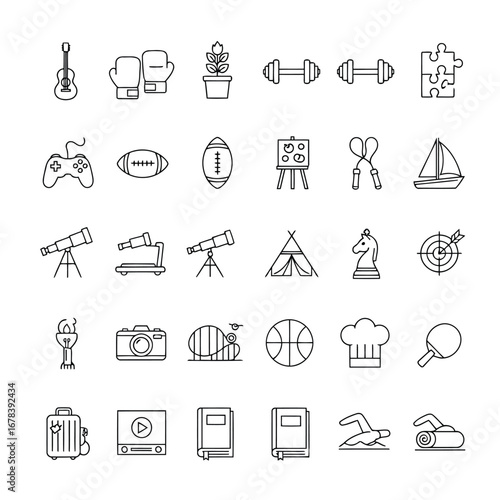 Collection of various outline icons representing hobbies, sports, and leisure activities for design.