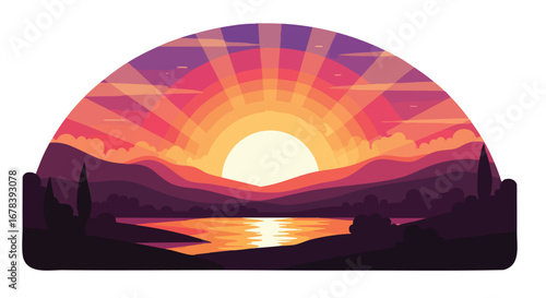 Stylized sunset landscape above a tranquil lake with mountainous backdrop offers serenity and peace