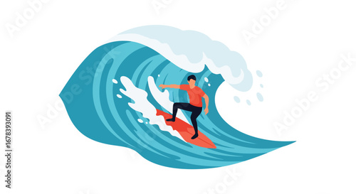 Stylish rendition of a surfer riding a large wave, capturing the dynamic motion and energy of the sport in a minimalist graphic design style