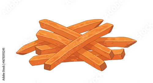 Illustration of a pile of stylized sweet potato fries against a white backdrop showcasing culinary delight and cartoonish simplicity that creates a