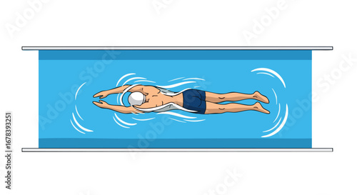Overhead view of a swimmer in motion practicing the butterfly stroke in a swimming pool providing a fresh and inviting visual for aquatic activities