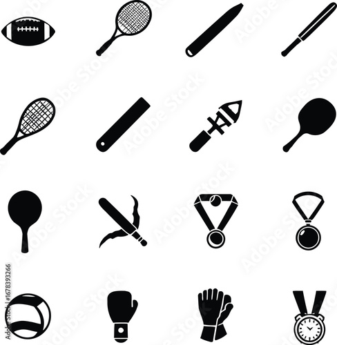 Sports equipment vector icon set including tennis racket baseball glove and more for design projects
