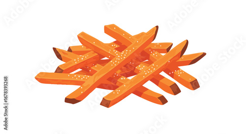 Artistic rendering showcasing a colorful pile of appetizing sweet potato fries with salt specks on a clean white backdrop