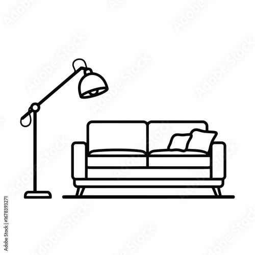 A minimalist black and white line art illustration of a modern living room scene with a sofa and an adjustable floor lamp.