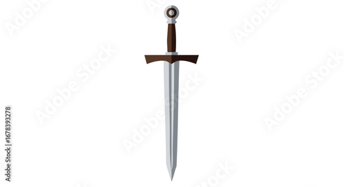 Isolated medieval arming sword illustration with brown hilt and silver blade design on a plain white background depiction