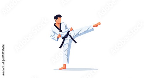 Focused martial artist executing a precise kick in pristine white uniform with black belt, embodying discipline and skill in a dynamic pose on a