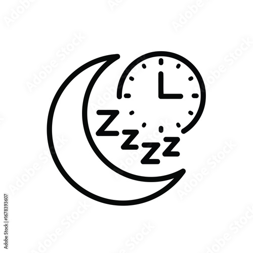 Icon depicting sleep with a moon, clock, and ZZZs, representing rest and bedtime.
