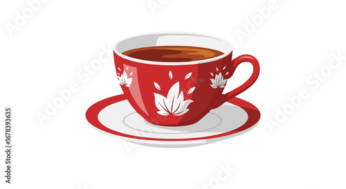 Illustration of an ornate red cup and saucer filled with dark brown liquid on a pristine white background showcasing clean vector graphics