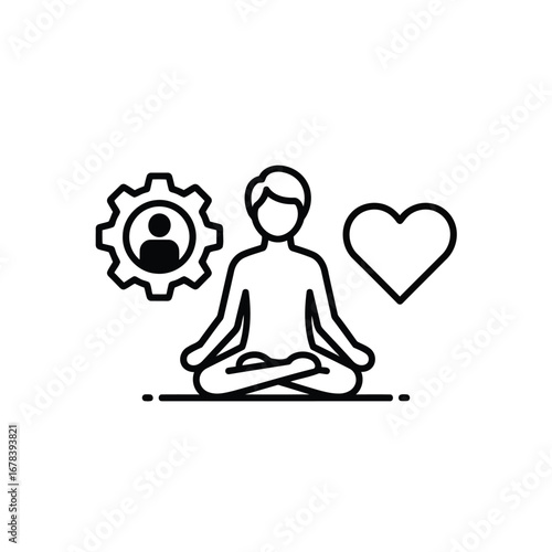 Person meditating, gear and heart symbols nearby.
