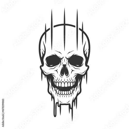 A stylized black and white illustration of a skull with dripping effects and vertical lines emanating from the top.