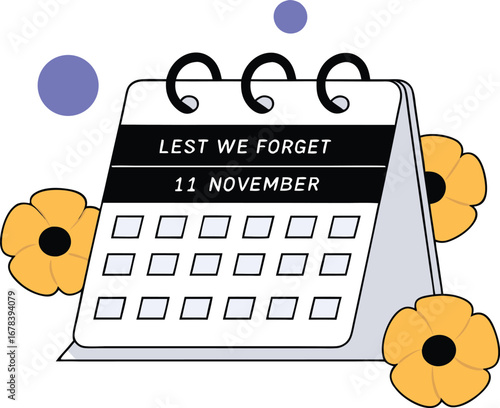 Illustration of a calendar with poppies and the text lest we forget