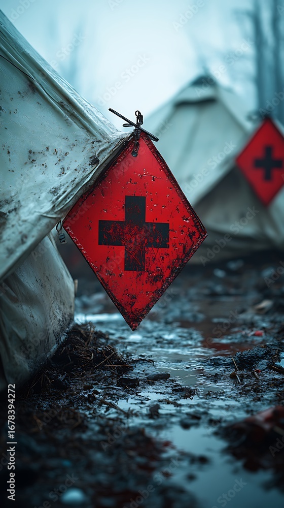 Naklejka premium Red cross sign in a muddy field indicating medical aid availability in a disaster