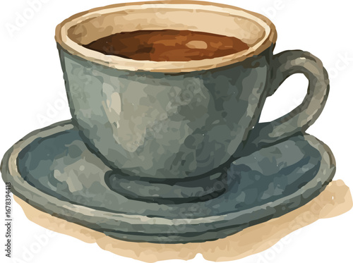 Watercolor Blue Coffee Cup with Saucer