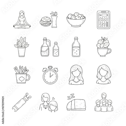 Line icons depicting healthy lifestyle elements: food, exercise, and wellbeing.