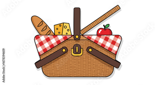 Whimsical picnic basket illustration with classic food items like bread cheese and apple suggesting outdoor dining and leisure activities