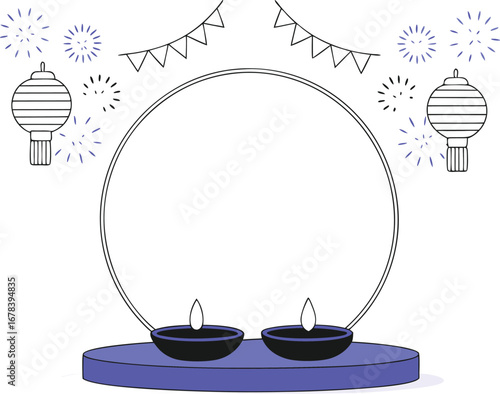 Diwali stage with lamps and lanterns, perfect for hindu festival celebrations with a modern minimalist style