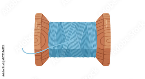 Vintage wooden spool with light blue thread on white backdrop offering detailed view of textile crafting element and materials concept background