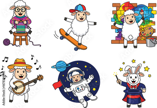 Cute cartoon sheep playing music, knitting sweater, skateboarding, painting mural, astronaut in space, magician tricks, funny animal lifestyle vector illustration