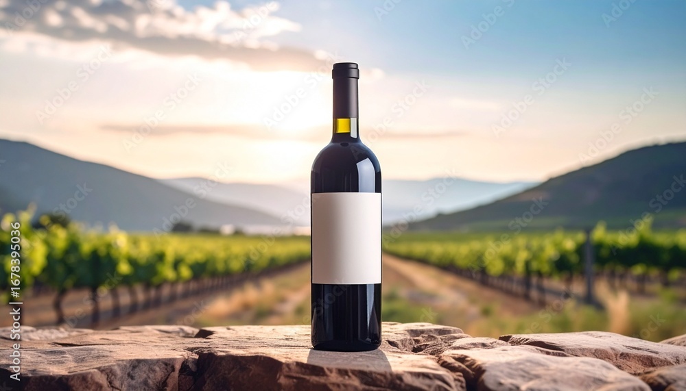 Fototapeta premium red wine bottle and vineyard