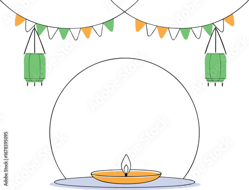 Diwali celebration with a glowing diya lamp, hanging lantern, and decorative pennant banner