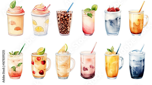 Set of Watercolor Beverage and Breakfast Food Illustrations Isolated on White Background
