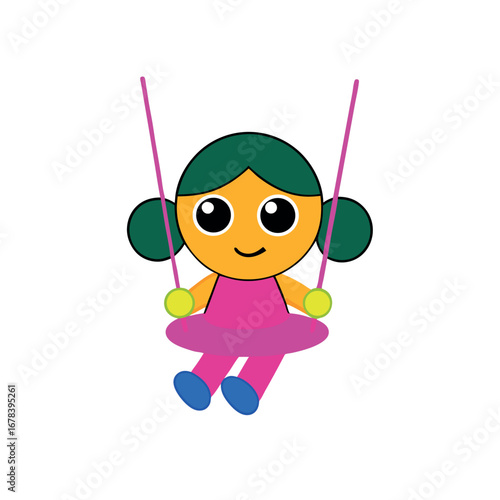 Cartoon girl swinging on a swing with happiness in fun vector drawing Vector illustration