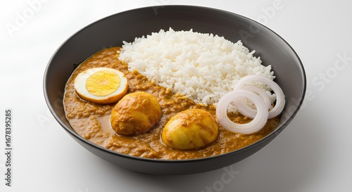 Delicious and Creamy Egg Curry with Rice and Onion Rings Bowl